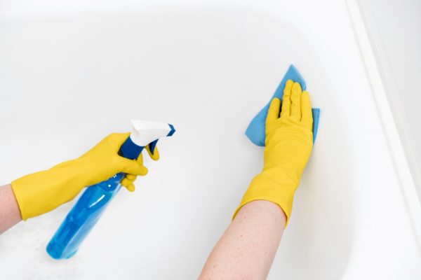 Woman cleaning bath tub