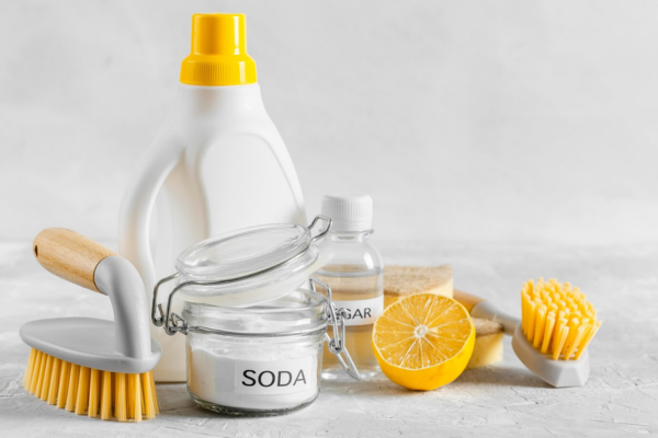 Baking soda, vinegar with brush and lemon